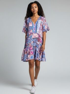 Anthropologie Robin Tiered Ruffle Mini Dress Patchwork Floral Bohemian Medium